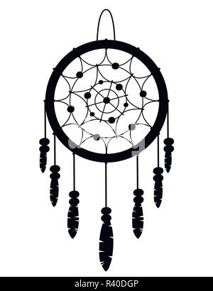 Black silhouette. Dreamcatcher boho native American Indian talisman. Tribal design. Magic item with feathers. Fashionable flat style talisman. Vector  Stock Vector