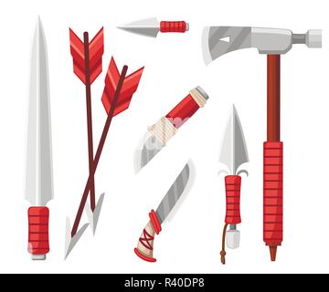 Tomahawk axe, knives, daggers, and arrows. Items for survival, cold steel arms. Flat vector illustration on white background. Stock Vector