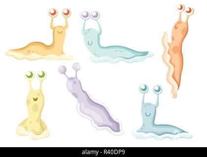 Cute snail collection. Big colorful snail without shell. Forest animal. Cartoon character design. Flat vector illustration isolated on white backgroun Stock Vector