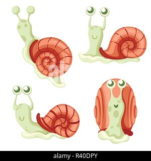 Cute snail collection. Big green snail. Forest animal. Cartoon character design. Flat vector illustration isolated on white background. Stock Vector