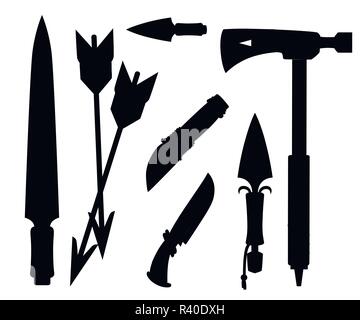 Black silhouette. Tomahawk axe, knives, daggers, and arrows. Items for survival, cold steel arms. Flat vector illustration on white background. Stock Vector