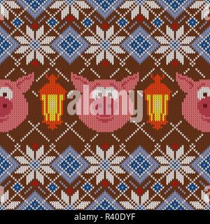 Seamless woolen knitted Christmas pattern with pigs and lanterns Stock Vector