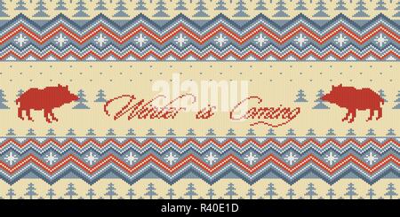 Winter is Coming. Christmas Winter knitted woolen seamless pattern with wild boars in the spruce forest Stock Vector