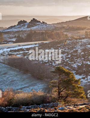 The view towards Hound tor from Honeybag Tor in dartmoor national park, England Stock Photo