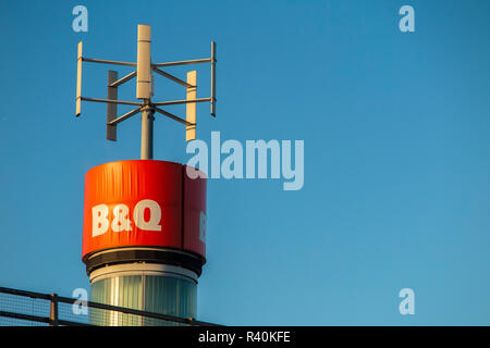 B&Q Extra superstore in New Malden has the largest wind turbine on a building in the UK, Surrey, England Stock Photo