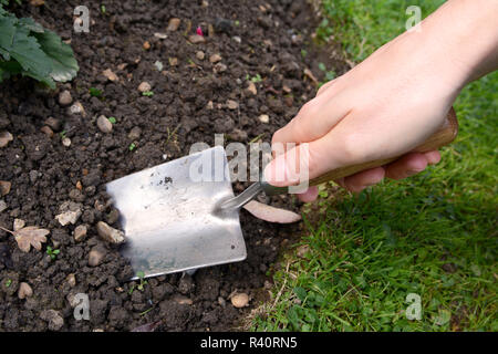 Woman using hand trowel to dig Stock Photo