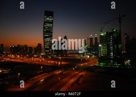 The glowing streets in Business Bay in Dubai Stock Photo