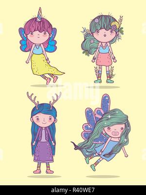 set fantastic girls creatures with hairtyle vector illustration Stock Vector