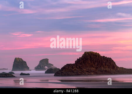 Sea Lion Rock from Indian Beach at sunset, Ecola State Park, Oregon Stock Photo