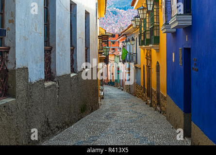 Cityscape of the architecture of La Paz in the Jaen street with its colourful Spanish colonial architecture style, Bolivia. Stock Photo