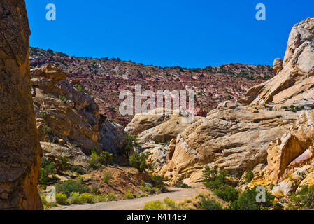 USA, Utah, Capitol Reef National Park, Waterpocket Fold, View up Burr Trail Road Switchback from Notom Road Stock Photo