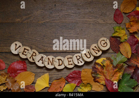 changing colorful autumn leaves on wooden beams and the word change branded in wooden discs Stock Photo