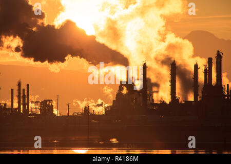 Shell Puget Sound Oil Refinery with Mt. Baker behind, near Anacortes, Washington State, USA Stock Photo