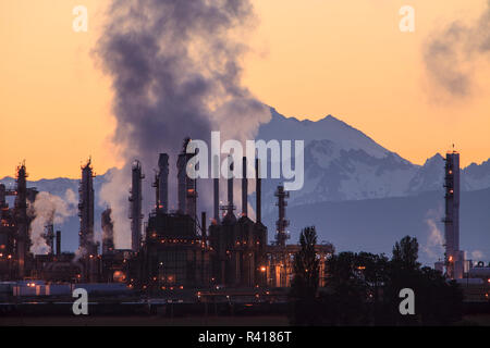 Shell Puget Sound Oil Refinery with Mt. Baker behind, near Anacortes, Washington State, USA Stock Photo