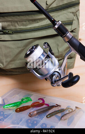 Fishing rod and reel with silicone baits. Stock Photo