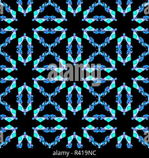 Abstract geometric grid background, seamless stars pattern blue, purple and mint green on black Stock Photo