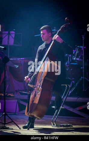 KYIV, UKRAINE - NOVEMBER 22, 2018: Musicians of Symphony Orchestra (conductor Andrey Chernyi) perform on stage during "The Game of Thrones" concert at Stock Photo