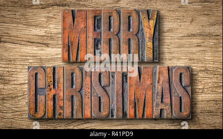 Antique letterpress wood type printing blocks - Merry Christmas Stock Photo