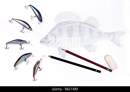https://l450v.alamy.com/450v/r421m0/fishing-plastic-baits-with-drawing-fish-graphite-pencils-and-eraser-on-the-white-background-r421m0.jpg