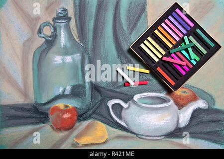Artistâ€™s pastels and original pastel drawing of still life. Stock Photo