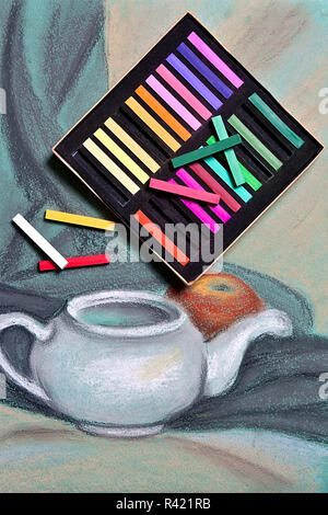 Artists pastels and original pastel drawing of still life. Stock Photo