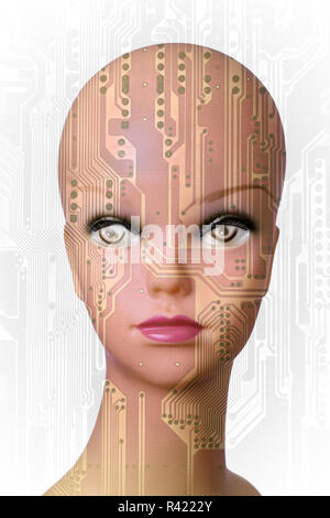 Artificial intelligence. Double exposure of woman and brain on white
