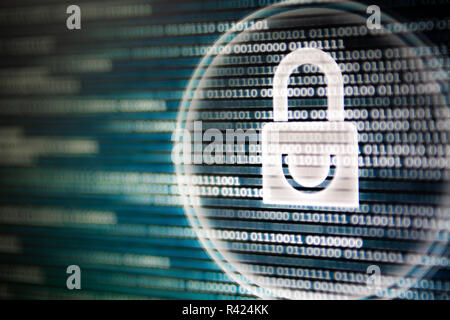 cyber security. white light padlock icon on led computer screen monitor display. blue and green colors with binary code moving motion from left to rig Stock Photo