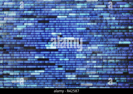 Cyber world information transfer. digital binary numbers one and zero. blue and white text on black background. Stock Photo