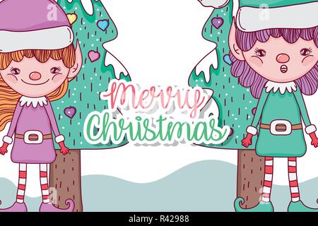 elf with pine tree to celebrate merry chritsmas vector illustration Stock Vector