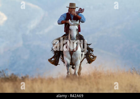 USA, Wyoming, Shell, The Hideout Ranch, Cowboy Riding a Horse (MR, PR) Stock Photo