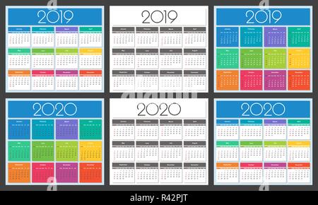Calendar 2019 and 2020 year. Colorful set. Simple Vector Template Stock Vector