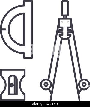Compass, sharpener, ruler line icon concept. Compass, sharpener, ruler vector linear illustration, symbol, sign Stock Vector