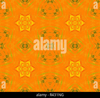 Abstract geometric background, seamless stars and diamond pattern, yellow stars and green elements on bright orange, luscious, ornate and dreamy Stock Photo