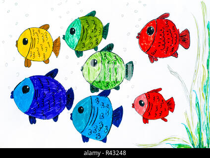 Multicolored fishes. Child hand drawing. Stock Photo