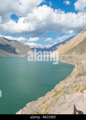 Mountains and peaks landscape. Lake of Yeso. Cajon del Maipo. Santiago of Chile Stock Photo