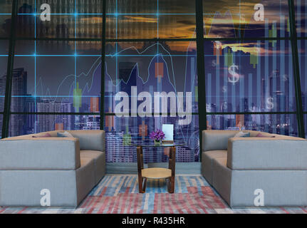 Lobby area of a hotel which can see Trading graph on the cityscape at night background,Business financial concept, dicut and retouch each elements Stock Photo