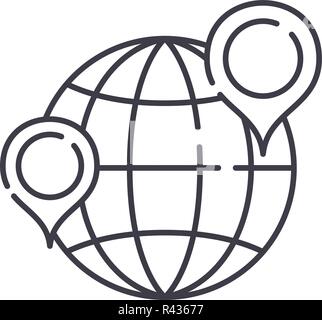 Globe with pointers line icon concept. Globe with pointers vector linear illustration, symbol, sign Stock Vector