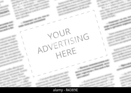 Close up of a copy space with wrtitten words Your Advertising Here on a blurred background of a newspaper. Business concept. Adding ad into paper page Stock Photo