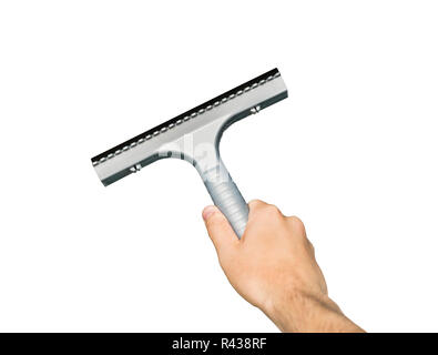 Grey window glass squeegee in male hand isolated on white background. Cleaning supplies. Man angularly holds cleaner to brush the surface. Eguipment for tidying up, housekeeping. Care about cleanness. Stock Photo