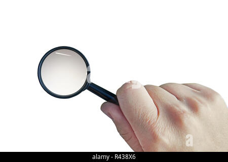 Male hand with a magnifying glass isolated on a white background. Cutout loupe in man's hand. Man uses magnifier to enlarge some object. Concept of searching for information. Detective investigation. Stock Photo