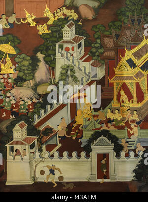 Thai mural painting on temple wall Stock Photo