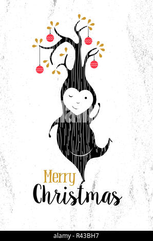 Merry christmas black white elf tree xmas retro Stock Photo