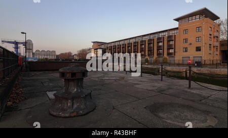 South Dock Marina down in riverside in London. Autumn. Early November morning. Next to Greenland Dock. Rope Street. Stock Photo