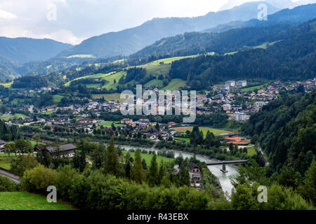 Aerial view of the Werfen village in Austria famous for Hohenwerfen castle and Eisriesenwelt ice cave. Stock Photo