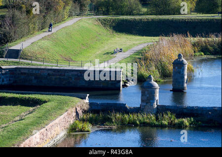 Sluza Kamienna (Stone Lock) and Bastion Wilk (Wolf Bastion) bulit in XVII century is a part of early modern bastion-type fortification of Gdansk, in L Stock Photo