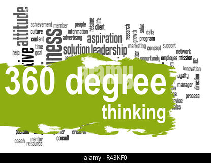 360 Degree Thinking word cloud with green banner Stock Photo