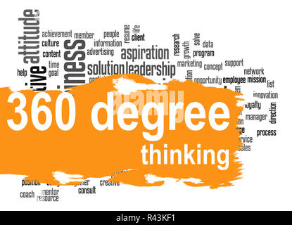 360 Degree Thinking word cloud with orange banner Stock Photo
