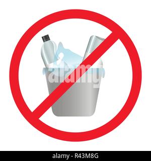 Stop plastic pollution. Rumpled Plastic dishes and bags in the bin. Red circle crossed out Stock Vector