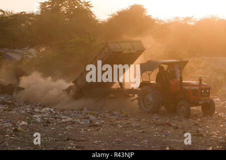 Tractor dumping trash in dumping ground in Pushkar, Rajasthan, India Stock Photo