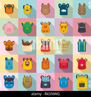 Backpack school travel sport kid camping bag icons set. Flat illustration of 25 backpack school travel sport kid camping bag vector icons for web Stock Vector